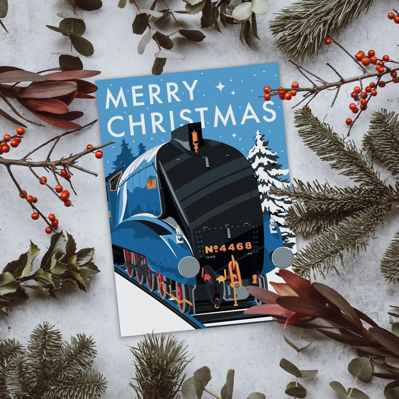 Mallard Christmas card surrounded by holly, berries and fir