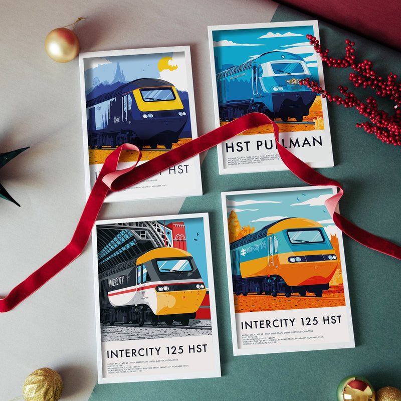Set of four InterCity 125 prints laid out with a red ribbon and baubles