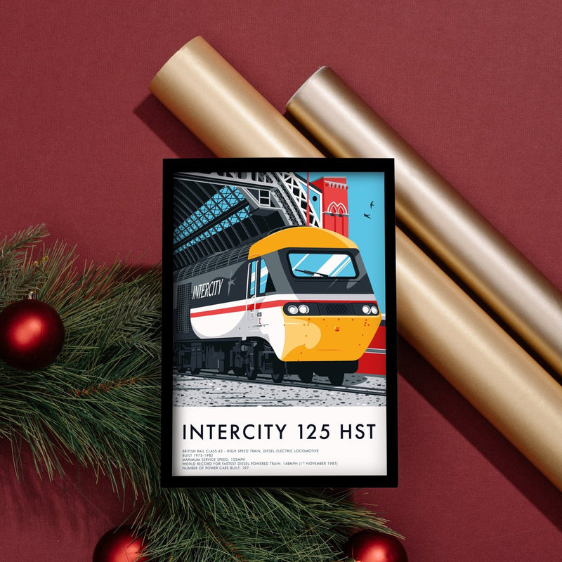 Framed InterCity 125 print beside rolls of gold wrapping paper and red baubles