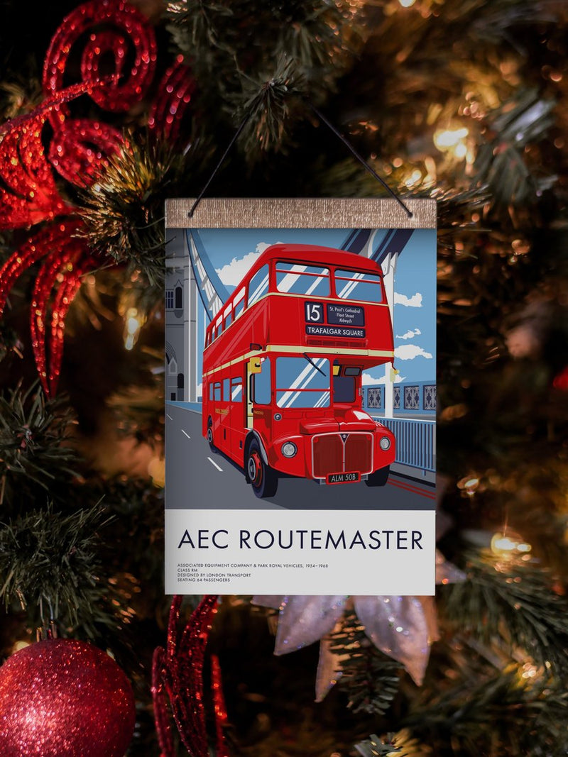 AEC Routemaster London bus print hanging on a Christmas tree