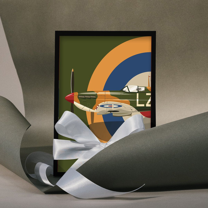 Framed Spitfire print tied with a white ribbon bow