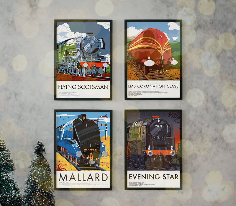 Four framed steam locomotive prints: Flying Scotsman, LMS Coronation Class, Mallard and Evening Star