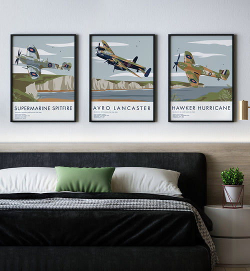 3 Bundle Aircraft Print - Spitfire, Lancaster & Hurricane Aviation Prints, Battle of Britain Flight, White Cliffs of Dover, Plane Art, Gift