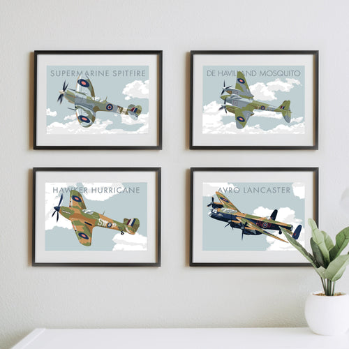 4 Bundle Aircraft Print - Spitfire, Lancaster, Hurricane & Mosquito Aviation Prints, Battle of Britain Flight