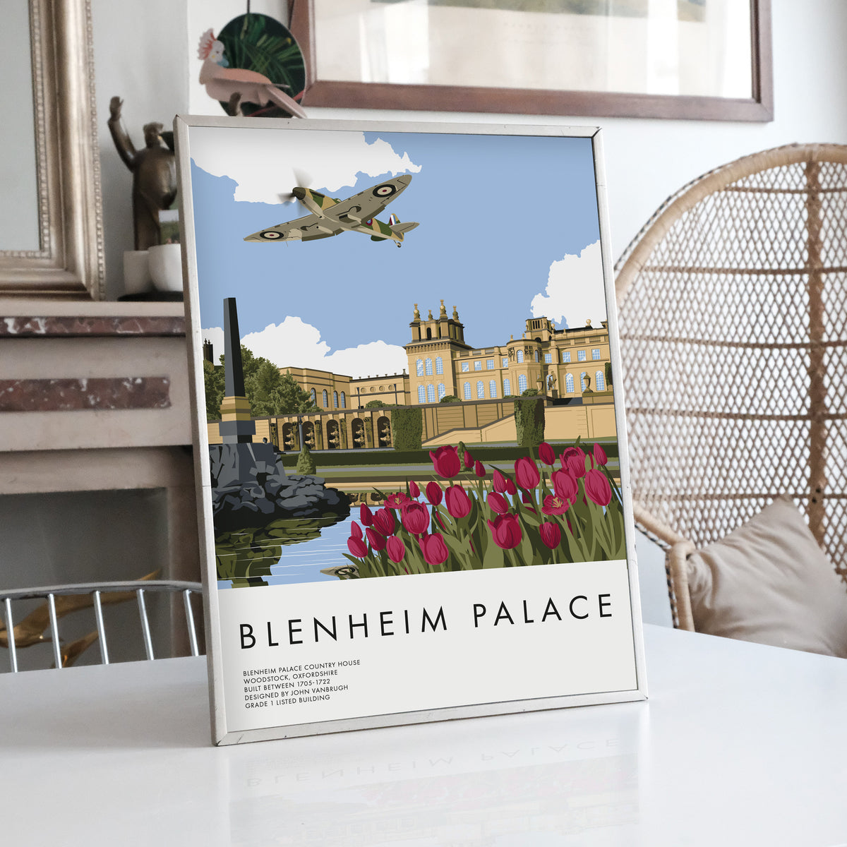 Blenheim Palace, Oxfordshire, England with Supermarine Spitfire, Aviation Art, Heritage poster