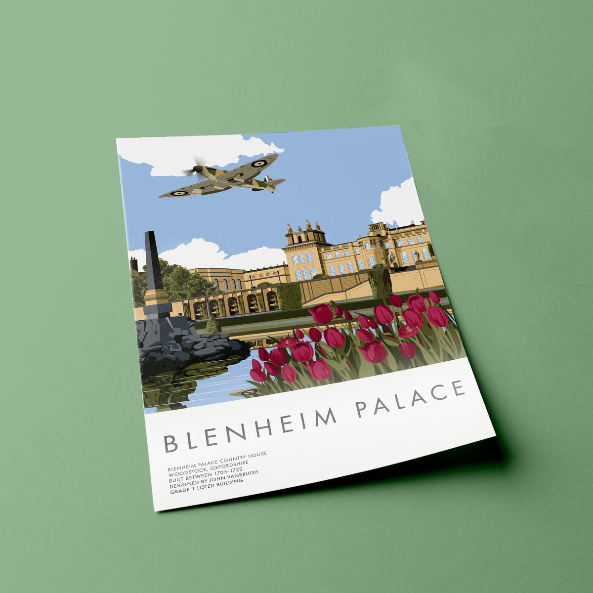 Blenheim Palace, Oxfordshire, England with Supermarine Spitfire, Aviation Art, Heritage poster