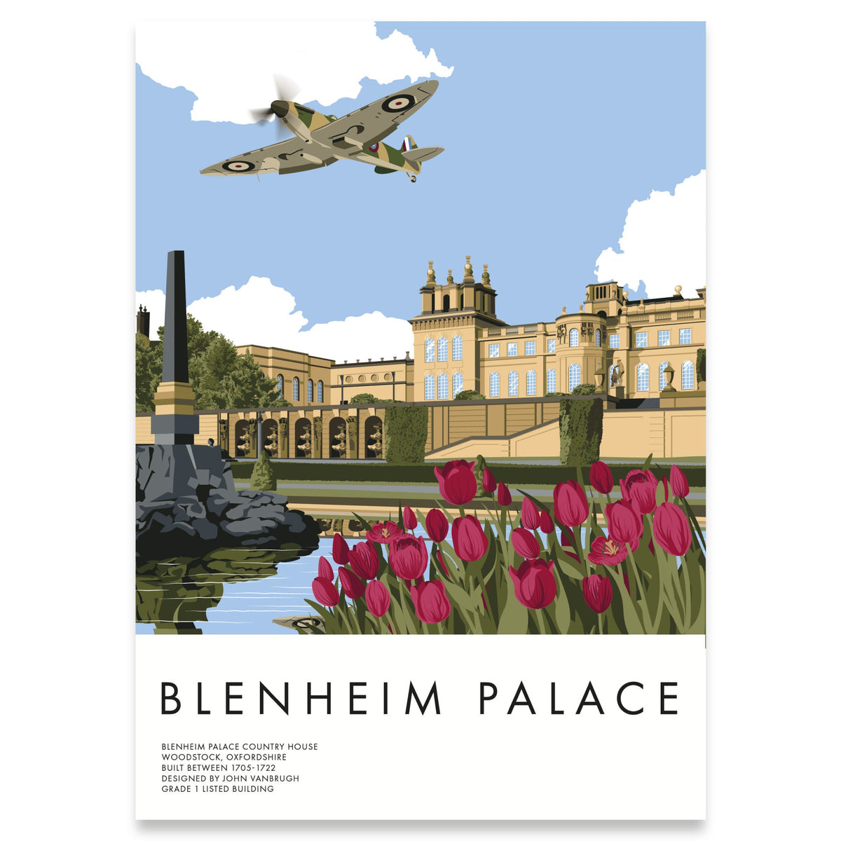 Blenheim Palace, Oxfordshire, England with Supermarine Spitfire, Aviation Art, Heritage poster