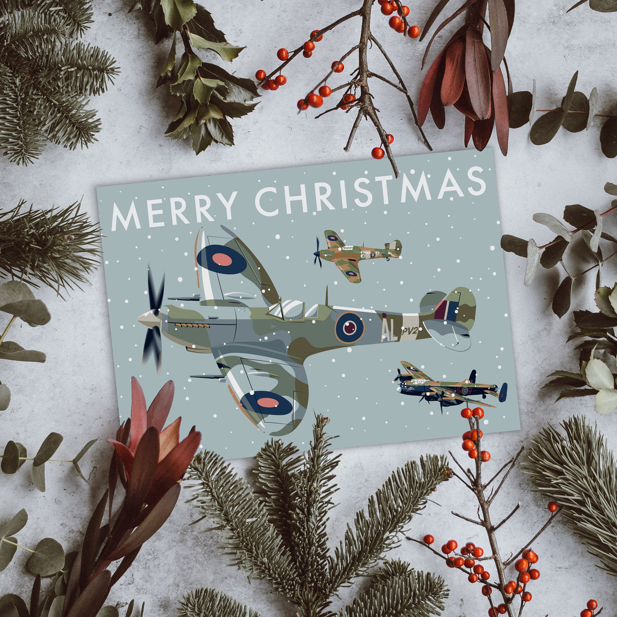 Supermarine Spitfire Christmas Card ft. Avro Lancaster and Hawker Hurricane